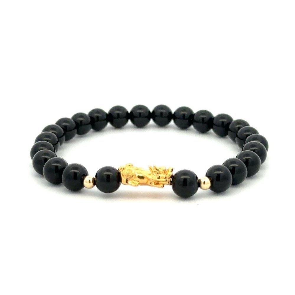 18K Gold Dragon Pixiu Piyao Lucky Charm Bracelet Gemstones Onyx 6mm